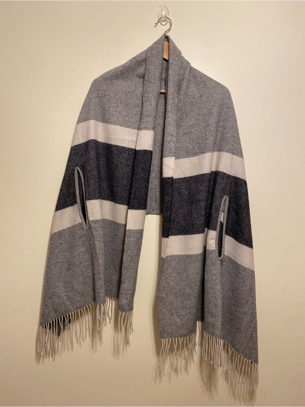 Madewell Gray and Black Striped Fringe Poncho .